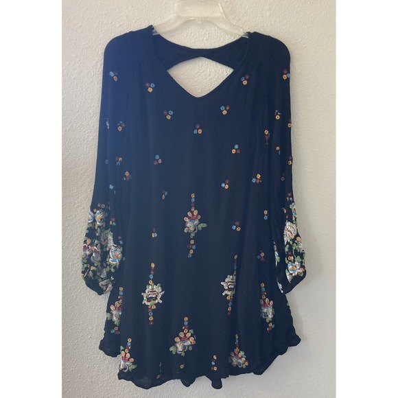 Free People Dresses & Skirts - Free People Mini Dress Size XS Oxford Embroidered Black Floral Boho Goth Witchy